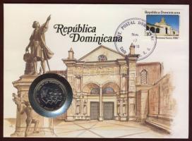 Dominika 1987. 1/2P érmés borítékon, templom motívum, 1986-os 10c-es bélyeggel