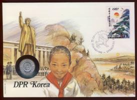 Észak-Korea 1958. 10c érmés borítékon, ország-gyerek motívum, 1987. 10c-es bélyeggel