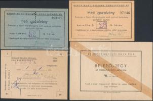 cca 1940-1965 Vegyes belépőjegy tétel(Heti igazolvány Szent Margitsziget Gyógyfürdő Rt., szorgalomjegy, belépőjegy az MSZMP Balatonföldvári Üdülőjébe, belépőjegy az országgyűlés karzatára, stb.), 6 db