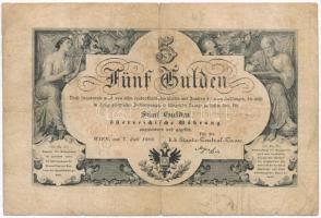 1866. 5G piros számozás T:III kis szakadások  Austrian Empire 1866. 5 Gulden with red serial number C:F small tears Adamo G98e