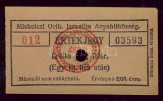 4db klf "Miskolczi Orth. Izraelita Hitközség" értékjegy az 1920-30-as évekből