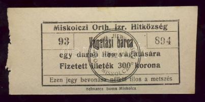 4db klf "Miskolczi Orth. Izraelita Hitközség" értékjegy az 1920-30-as évekből
