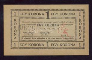 Sárospatak 1919. 1K előlap aláírással és sorszámmal, szöveg vékony betűkkel nyomva, "1919"-ben az "1" számnak nincs talpa, hátlapon lila bélyegző! T:I