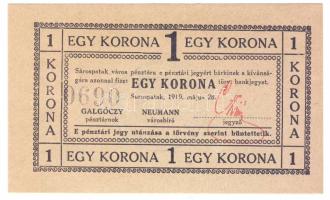 Sárospatak 1919. 1K előlap aláírással és sorszámmal, szöveg közepesen vastag betűkkel nyomva, törött betűk, hátlapon lila bélyegző! T:I