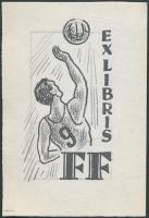 Kollmann Jenő (1904-1974) : Férfi röplabda ex libris  FF, klisé, papír, pecséttel jelzett, 4,5×3 cm