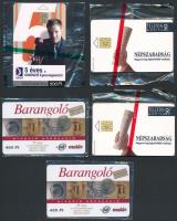 5 db telefonkártya, Matáv Barangoló (2 db), Népszabadság (2 db), Dimenzió Egészségpénztár (1 db), bontatlan csomagolásban.