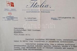 1940 Palesztinai kivándorló utazásával kapcsolatos levél