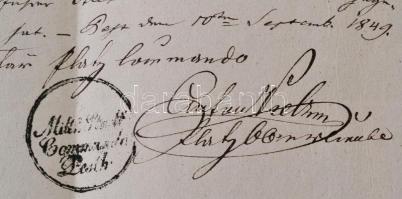 1849 Kossuth bankók beszolgáltatásáról kiállított elismervény. A pesti katonai parancsnokságtól. Kéz...