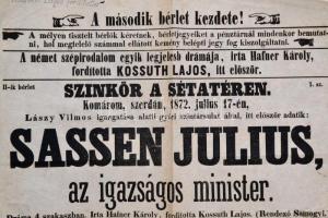1872 Kossuth Lajos által fordított darab előadásáról szóló színházi plakát. Komárom. 32x40 cm