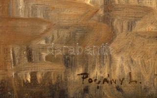 Pogány László (1954-): Öreg zenész az esőben. Olaj, vászon, jelzett, keretben, 50×40 cm