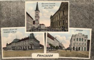 Pancsova, Pancevo; Pancsovai Népbank, Ferenc József tér, templom. Kiadja Kohn Samu / multi-view (fa)
