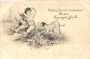 Boldog húsvéti ünnepeket!, hátoldalán ráragasztott Ipar és Képzőművészeti kiállítás Sopron 1904 reklámmal / Easter greeting postcard, advertisement on backside, s: P. Körber