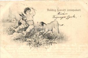 'Boldog húsvéti ünnepeket!', hátoldalán ráragasztott 'Ipar és Képzőművészeti kiállítás Sopron 1904' reklámmal / Easter greeting postcard, advertisement on backside, s: P. Körber