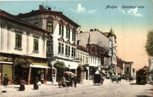 Miskolc, Széchényi utca, Pannonia Szálloda, villamos, kiadja Grünwald Ignác