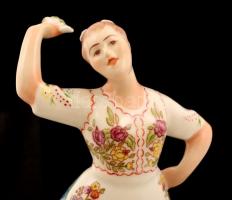 Zsolnay porcelán néptáncos lány, kézzel festett, jelzett, nagyon apró kopásnyomokkal, m: 22,5 cm