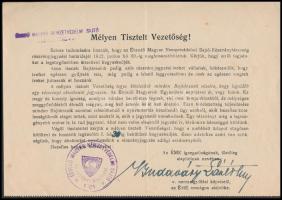 1922 Ébredő Magyar Nemzetvédelmi Szövetség részvényjegyzésre felszólító Budaváry nemzetgyűlési képviselő aláírásával