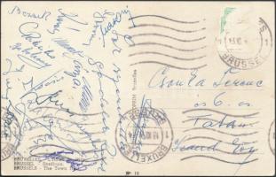 1954 Az Aranycsapat tagjai által aláírt és hazaküldött képeslap Brüsszelből / Signed postcard from the members of the Hungarian Golden Team with Puskas