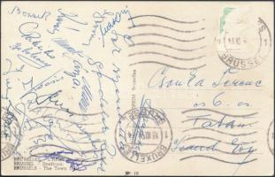 1954 Az Aranycsapat tagjai által aláírt és hazaküldött képeslap Brüsszelből / Signed postcard from t...