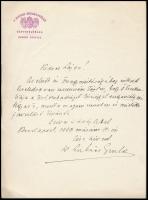 1939 Bp., Dr. Lukács Gyula saját kézzel írt levele a Magyar Országgyűlés Képviselőháza Elnöki Hivatalának fejléces papírján szabadságolás ügyében