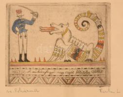Farkas Lídia (1910-1985) - Pohárnok Zoltán (1905-1976): A sárkánykígyó nagy száját feltátotta (János vitéz illusztráció), színezett rézkarc, papír, jelzett, üvegezett fa keretben, 12×14,5 cm