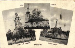 Székelyhíd, Sacueni; Mozaiklap országzászlóval, hősi emlékművel / multi-view with national flag and military monument (Rb)