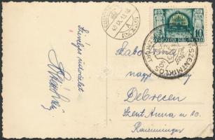 1940 Gyergyószentmiklós, Gherogheni; Főtér országzászlóval 'Gyergyószentmiklós visszatért'...