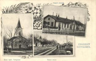 Gátalja, Gáttája, Gataia; Vasútállomás, vasút utca, római katolikus templom / railway station, street, church, floral