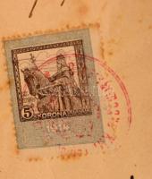 1921 Tiszabűd, Orosz hadifogságból hazatért férfi számára kiállított erkölcsi bizonyítvány, rajta 5 ...