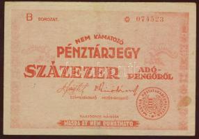 1946. 100.000AP pénztárjegy nagyobb piros festékfolttal T:II