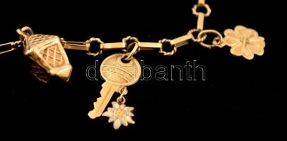 Arany(Au) 14K zsuzsu karkötő 9 db függővel, jelzett, h: 18 cm, br: 9,5 g