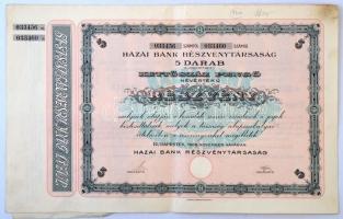 Budapest 1926. Hazai Bank Részvénytársaság 5 darab 200P értékű részvénye szelvényekkel, szárazpecséttel T:II,II-