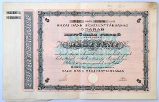 Budapest 1926. "Hazai Bank Részvénytársaság" 5 darab 200P értékű részvénye szelvényekkel, szárazpecséttel T:II,II-