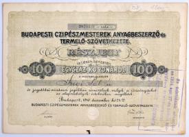 Budapest 1916. Czipészek és Csizmadiák Országos Beszerző és Termelő-Szövetkezete részvénye 100K-ról, szárazpecséttel, felülbélyegzéssel, szelvényekkel T:II