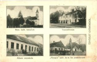 Gyömöre, Vasútállomás, Hangya, népiskola, templom. Szilágyi Arthur műterméből, Kőszeg