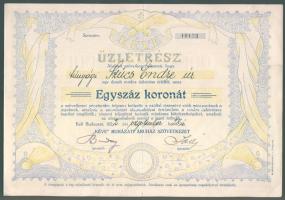 1922. "KÉVE" Ruházati Áruház Szövetkezet üzletrészjegye 100K-ról