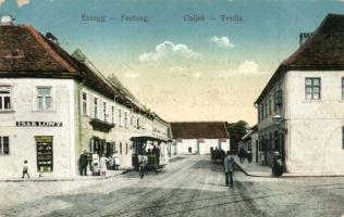 Eszék, Osijek, Essegg; Erőd, villamos, Isak Löwy üzlete / fortress, tram, shop (EB)