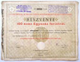 Budapest 1895. A Lechner Rákosi Téglagyár-Részvénytársaság részvénye 100Ft-ról, szelvényekkel, bélyegzéssel és szárazpecséttel T:III,III-
