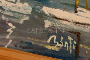 Bánfi jelzéssel: Vitorlások a kikötőben. Olaj, karton, keretben, 22×32 cm