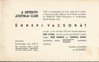 1934 Meghívó a Detektív Atlétikai Club ünnepi vacsorájára, melyet a női tőrvívás Európa-bajnoka és a...