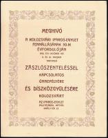 1910 Meghívó a Kolozsvári Iparos-Egylet fennállásának 50. évfordulója alkalmából tartott zászlószentelésre és díszközgyűlésre