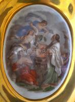 Jelzett antik nagyméretű tojás, részben kézzel festett, belsejében matricás Angelika Kauffann féle m...