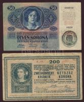 1914. 50K T:III + 1918. 200K "hullámos" T:IV Mindekettő román bélyegzővel!