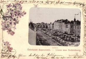Sopron, Deák tér, fotó és virágos litho keret, Kummert T. kiadása / photo on floral litho postard