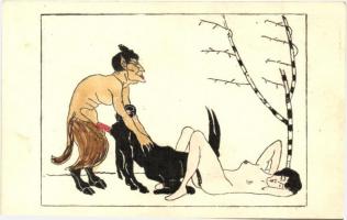 Krampus (Satyr). Wild pornographic hand-painted art postcard