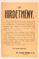 1910 Bp., Nagyméretű hirdetmény a Budapest-vidéki vadásztársulatnak az I-II-II. kerület területére engedélyezett rókairtásáról, hajtott, 47x31 cm