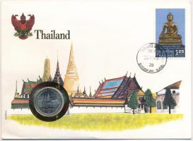 Thaiföld 1982. 1B Cu-Ni "IX. Ráma" forgalmi pénzérme bélyeges borítékon, bélyeggel "BANGKOK" bélyegzéssel, a boríték hátoldalán német nyelvű leírás az országról T:1- Thailand 1982. 1 Bhat Cu-Ni "Rama IX" coin letter with stamp and "BANGKOK" cancellation, on the envelope's backside German language description of the country C:AU