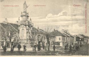 Eperjes, Presov; Fő utca, Caraffa-vesztőhely, Szentháromság szobor / main street, Caraffas scaffold