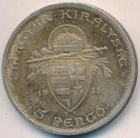1938. 5P Ag "Szent István" T:2 patina Adamo P8.1