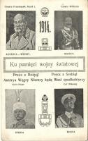 1914 Ku pamieci wojny swiatowej / Polish World War I commemorative postcard, Franz Joseph, Kaiser Wilhelm II, King Peter, Tsar Nicholas II, Anti-Russian, Anti-Serbian propaganda