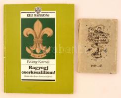 2 db. cserkészeti témájú könyv:  Bakay Kornél: Ragyogj cserkészliliom! Sinkovits Imre bevezetőjével. Budapest, 1989, Metrum. Kiadói papírkötés. Picit sérült kötéssel.  Zászlónk diáknaptára 1939-40. Radványi Kálmán szerkesztette. Budapest, Élet és Irodalm Nyomda Rt. Kiadói papírkötés. Megviselt állapotban, bejegyzésekkel. + Ébred a dzsungel. Vadászírók elbeszélései. Vál.: Véber Károly. Bp., 1967, Móra.